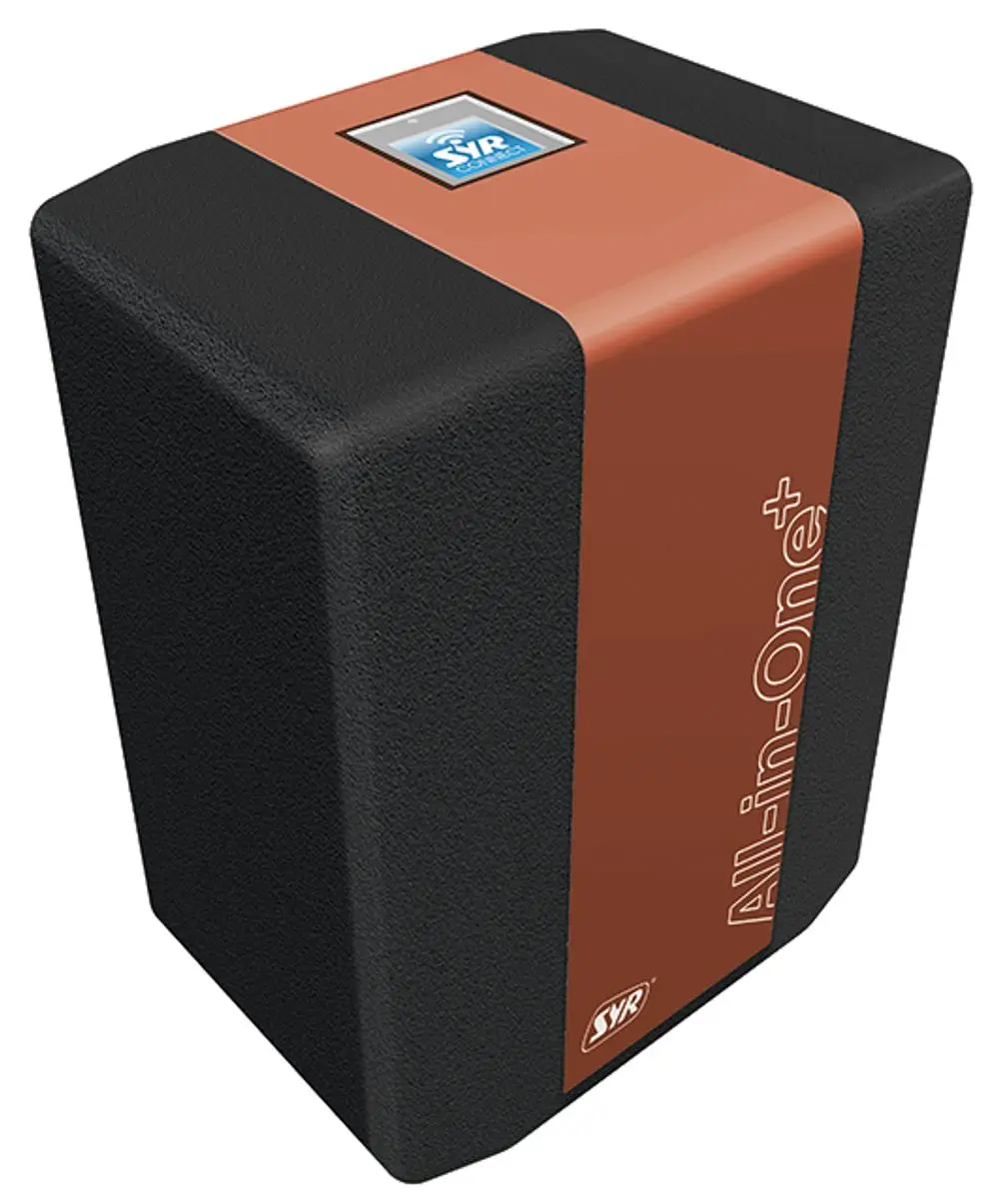 Schwarzes, rechteckiges Gerät mit einem Touchscreen auf der Oberseite und einer braunen seitlichen Fläche, beschriftet mit "All-in-One+" und dem Syr-Logo.